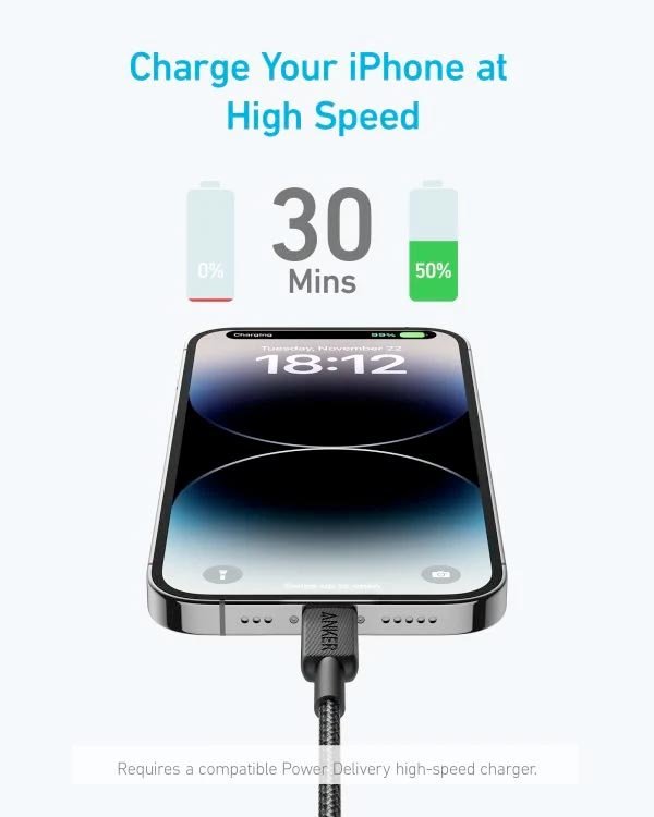 Anker 322 USB-C to Lightning Cable (6ft) Nylon Braided - Black - Image 3