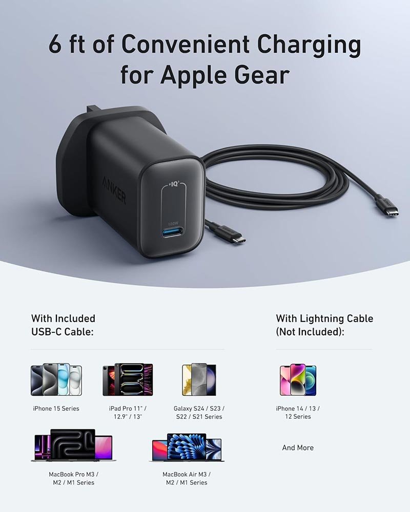 Anker Nano Charger (100W with 6ft USB-C to USB-C Cable) - Black - Image 6