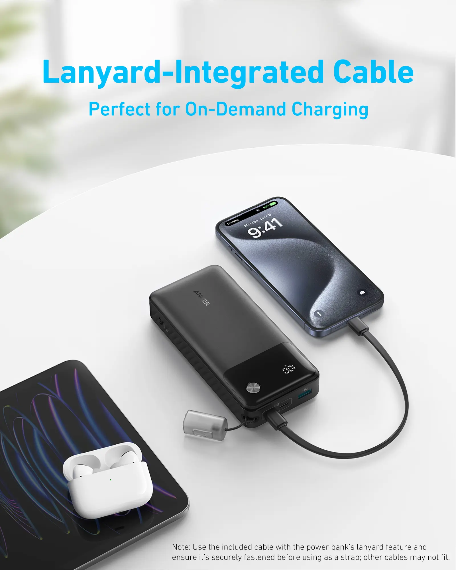 Anker Power Bank (20,000 mAh, 30W, Built-In USB-C Cable Lanyard) - Black - Image 4