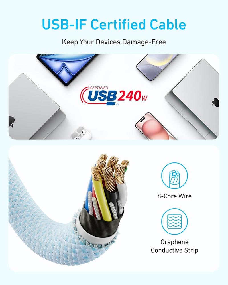 Anker Zolo USB-C to USB-C Cable (6ft, 240W, Braided, Dirt Resistant) - Black - Image 6