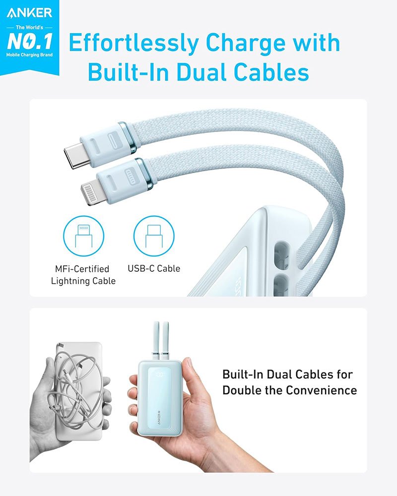 Anker Zolo Power Bank (10,000 mAh, 30W, with Built-in USB-C and Lightning Cable ) - Blue - Image 2