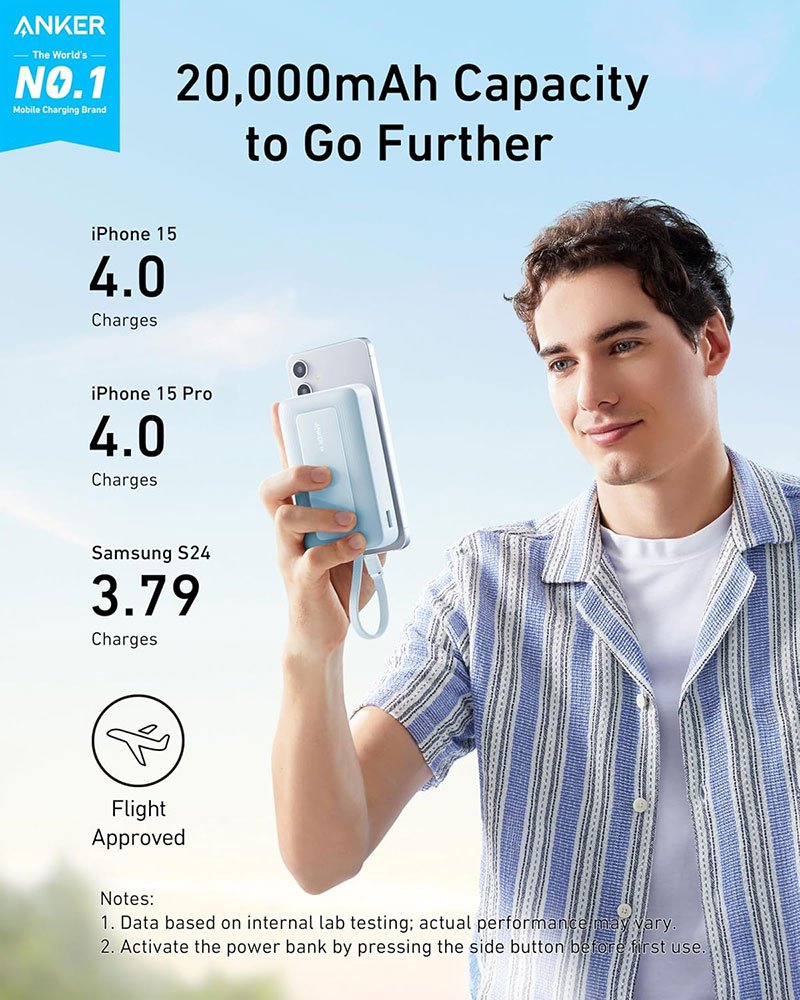 Anker Zolo Power Bank (20,000mAh, 30W, Built-in USB-C Cable - Blue - Image 2