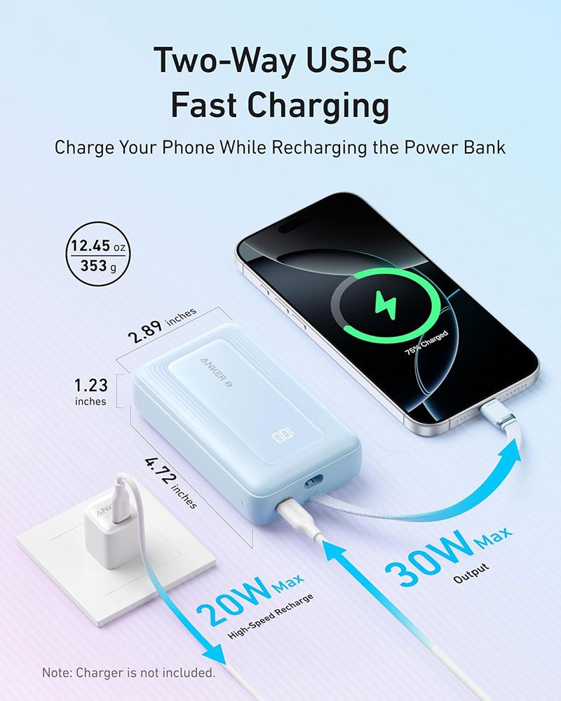 Anker Zolo Power Bank (20,000mAh, 30W, Built-in USB-C Cable - Blue - Image 4