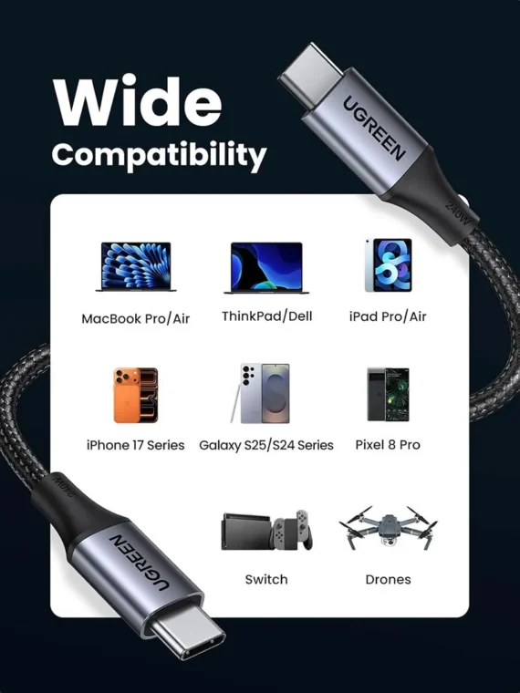UGREEN UG-90440 USB-C to USB-C Fast Charging Cable 240W 6ft Nylon Braided (US535) - Image 4